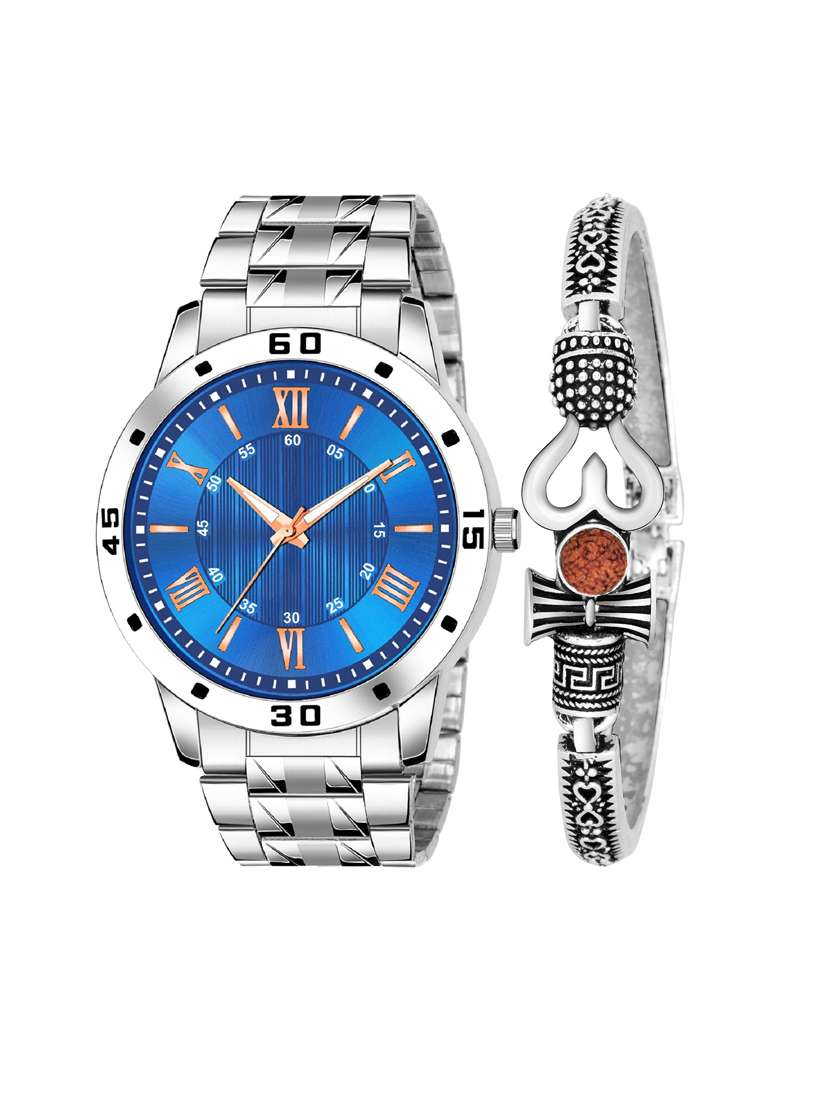 kajaru jew_49_k_21 stylish dial- stainless steel strap watch & black bracelet combo set for men