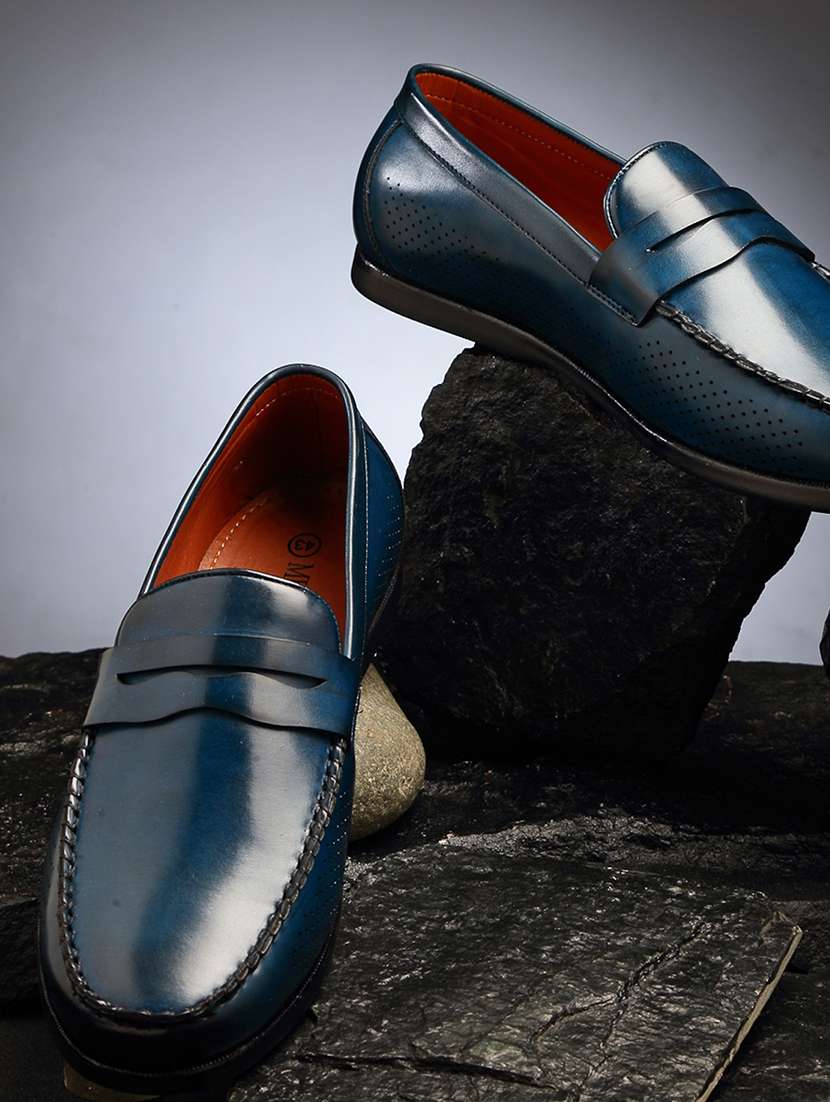 blue leather slip on loafers