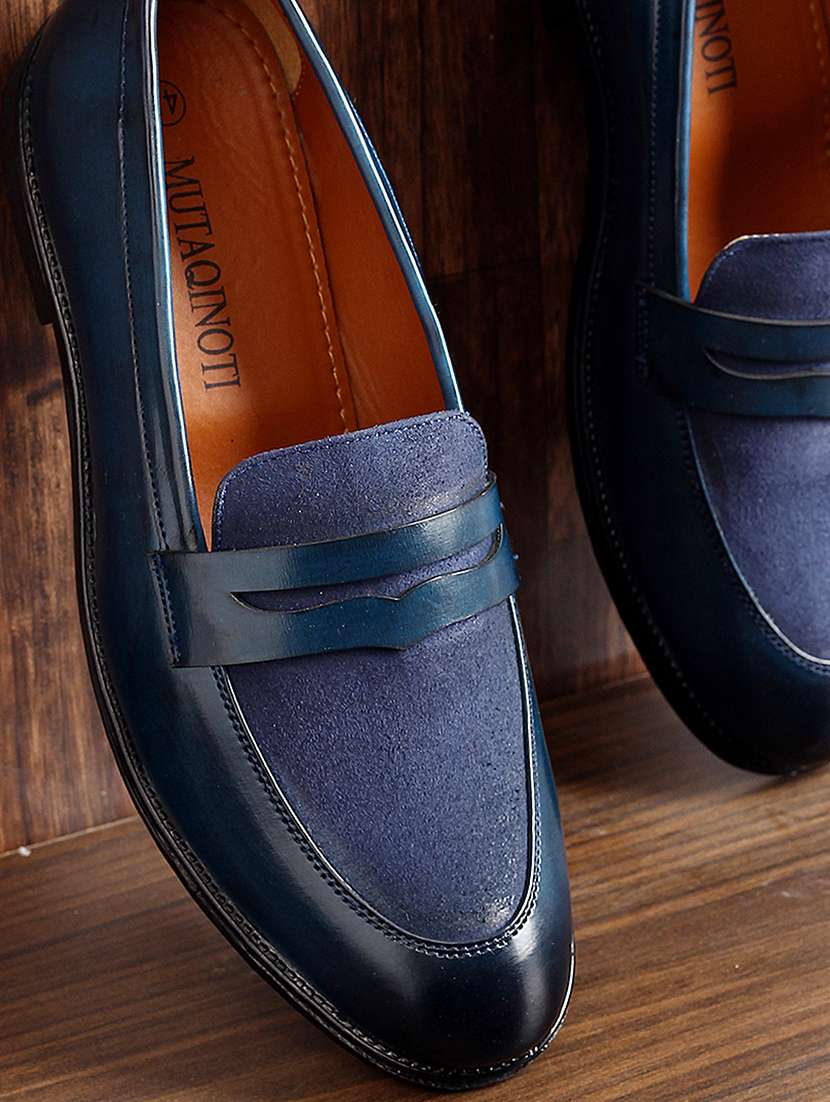 blue leather slip on loafers