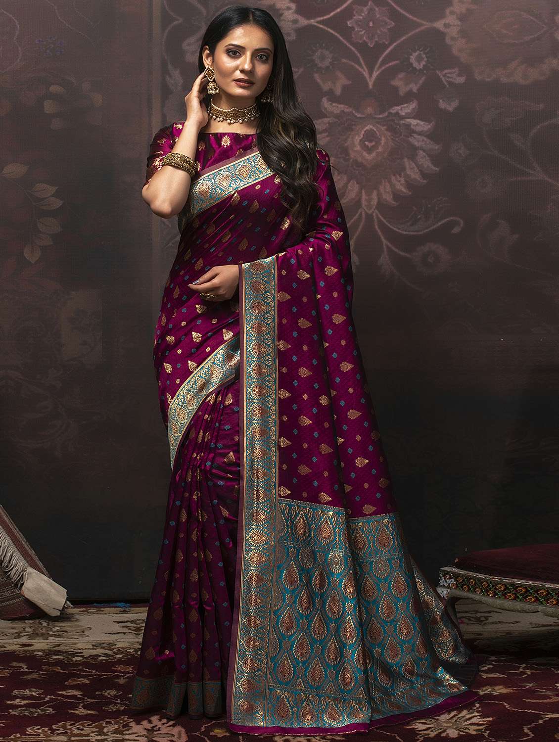 magenta silk banarasi saree with blouse