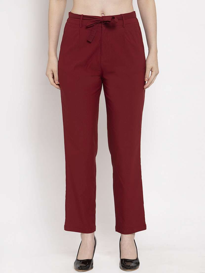 maroon mid rise solid pleated trouser