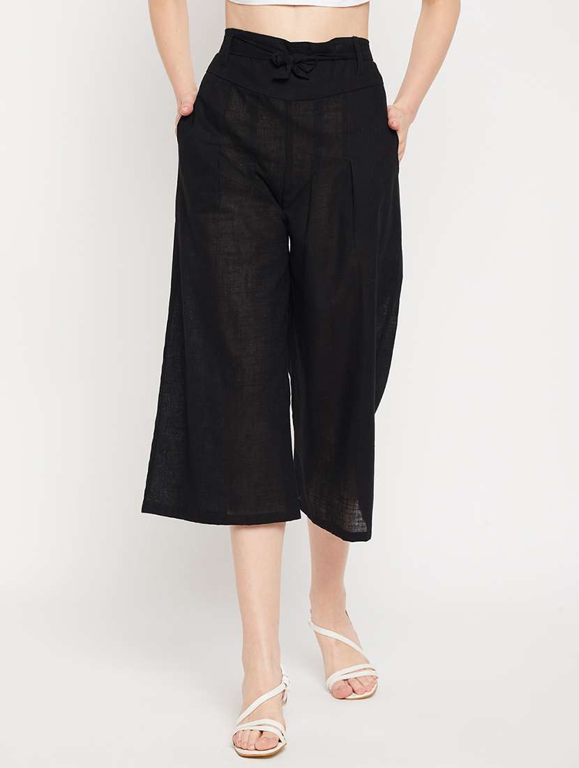 black mid rise solid culottes trouser