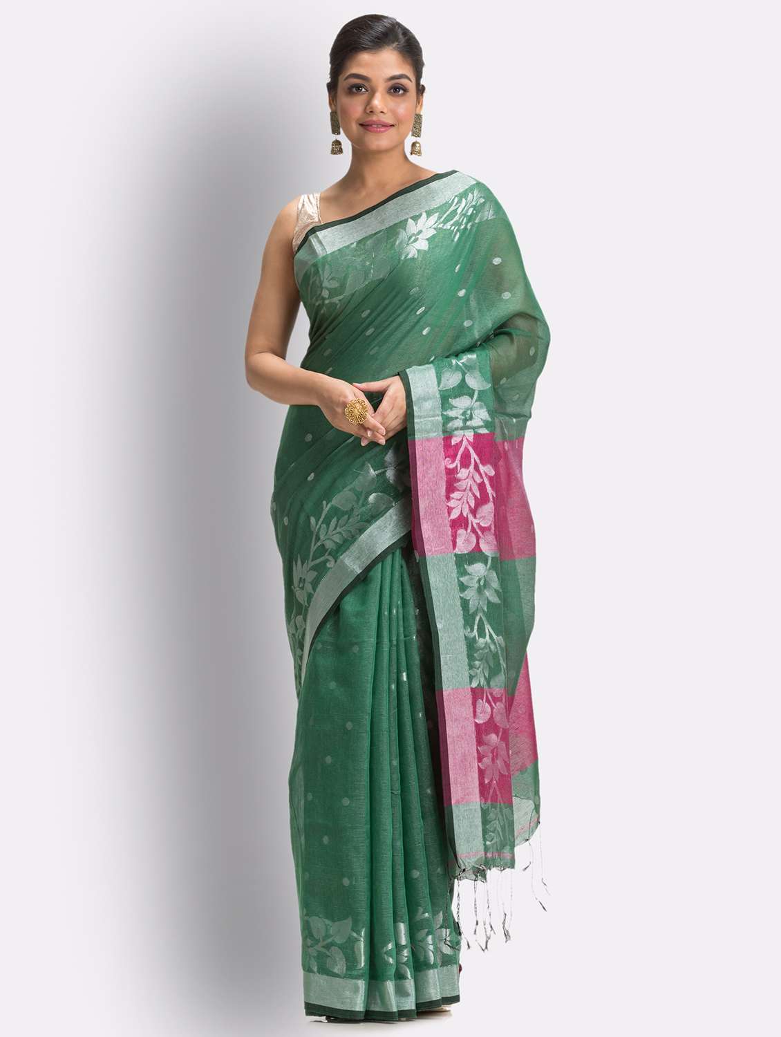 women's self design green colored saree with blouse