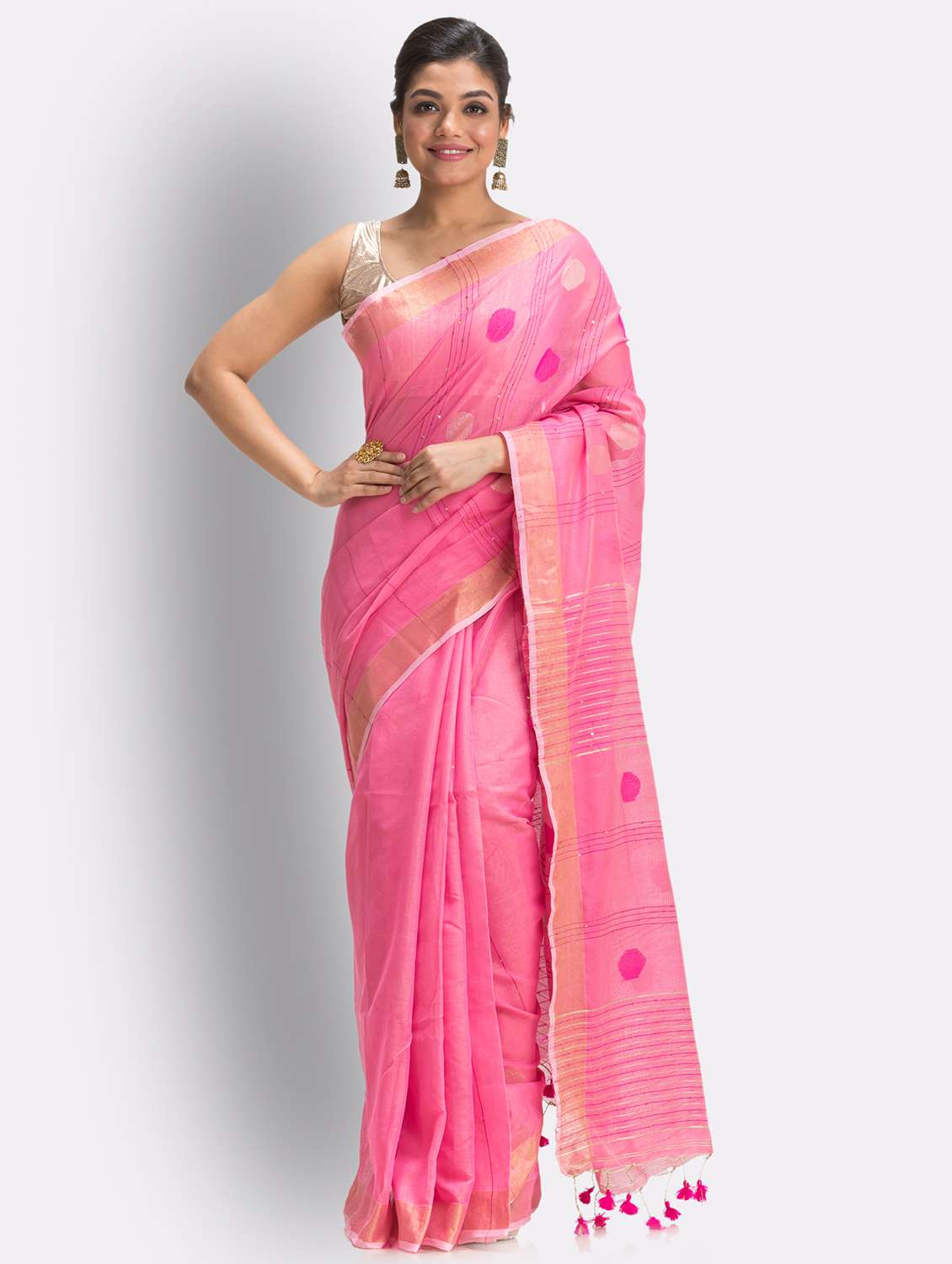 women's self design pink colored saree with blouse