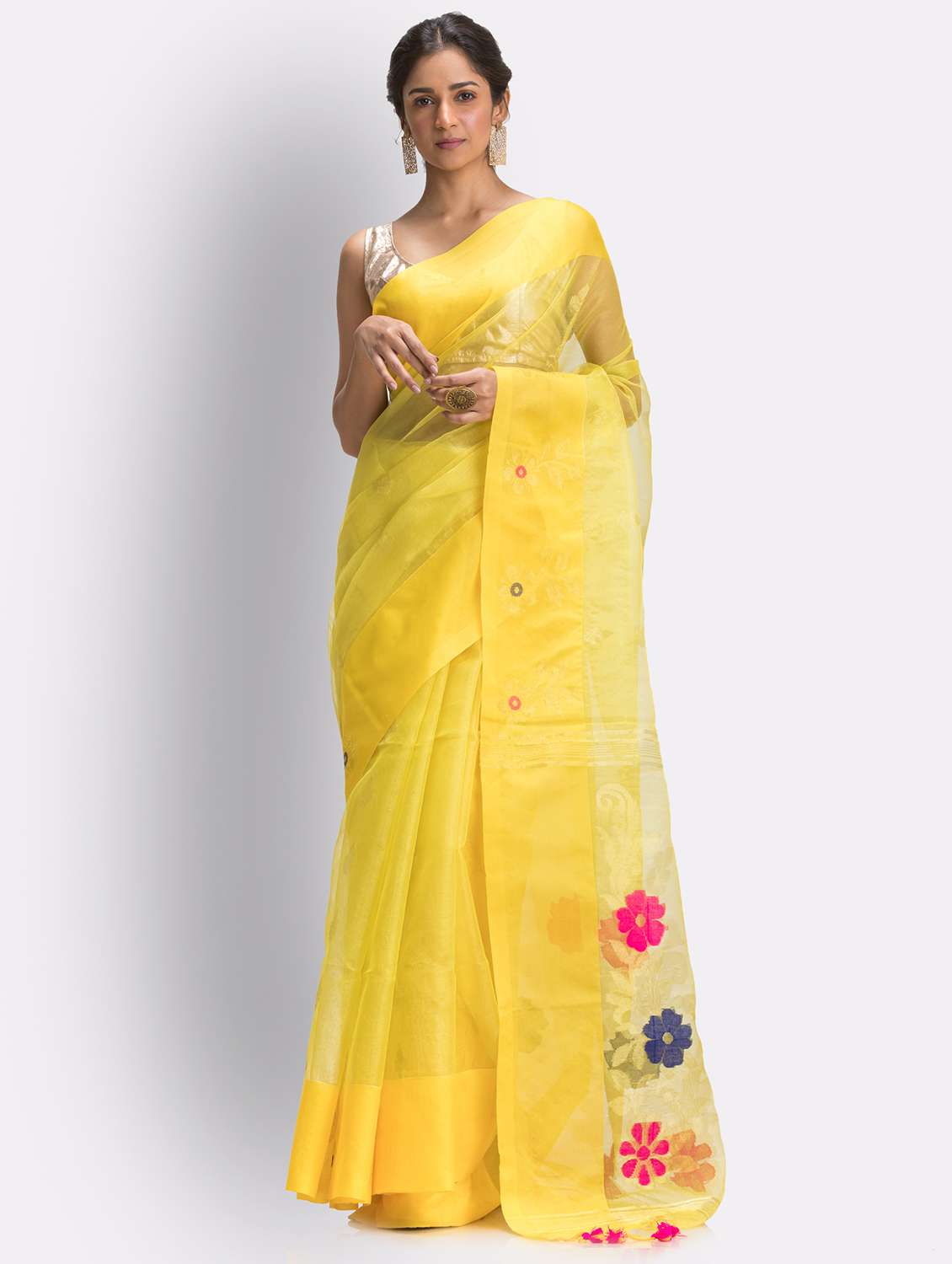 women's null yellow colored saree with blouse