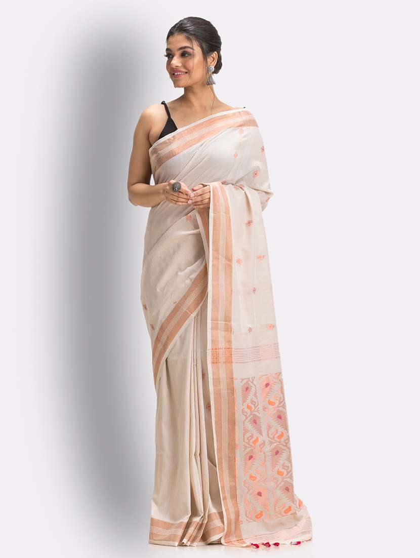 women's self design cream colored saree with blouse