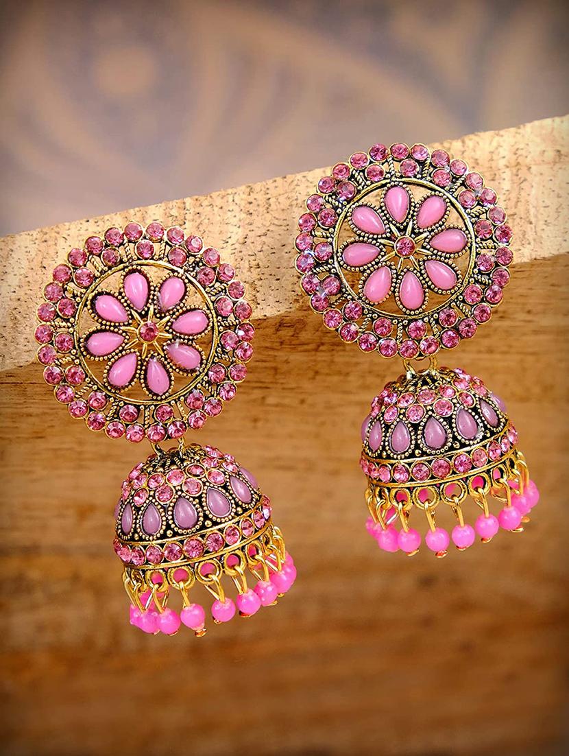 pink brass jhumka earring