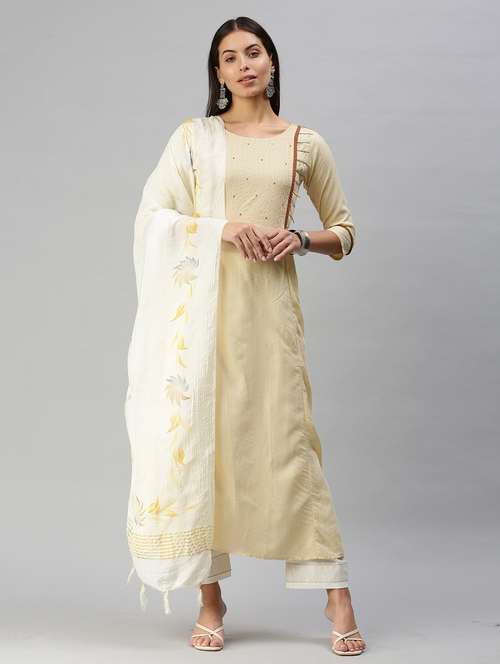 cream cotton blend kurta pant set - 18417887 - Standard Image - 0