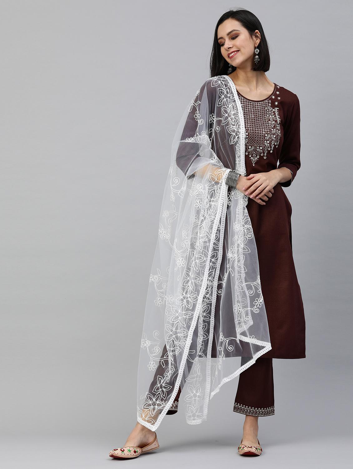 women brown kurta pant set with dupatta