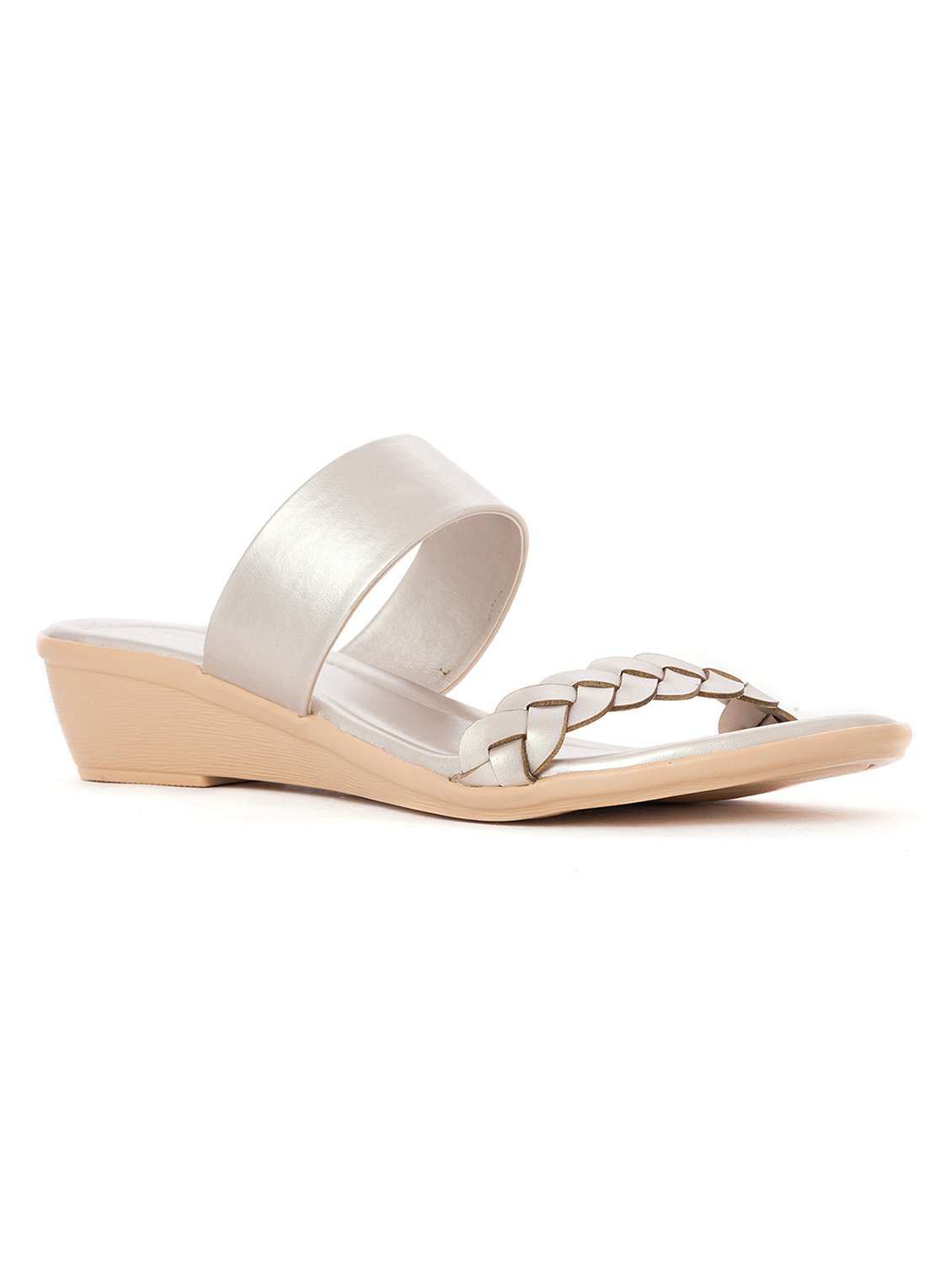 silver synthetic slip on sandals