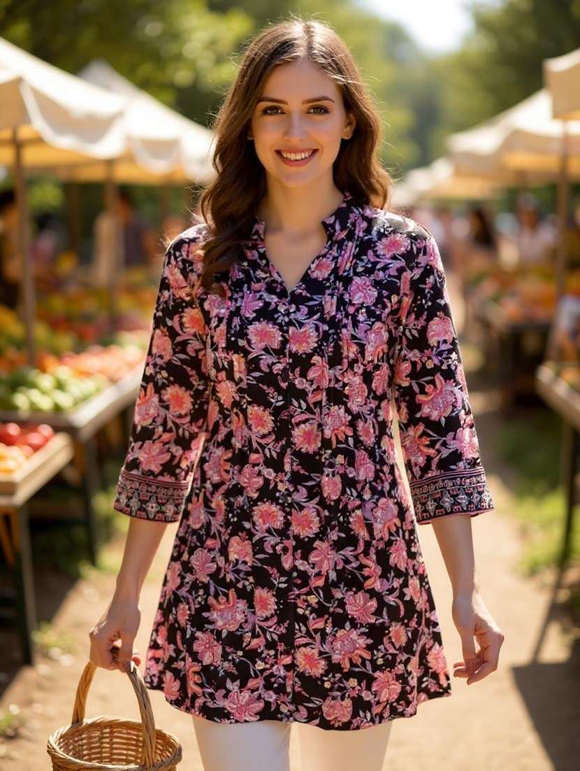 black tie back floral print tunic - 18419176 - Zoom Image - 0