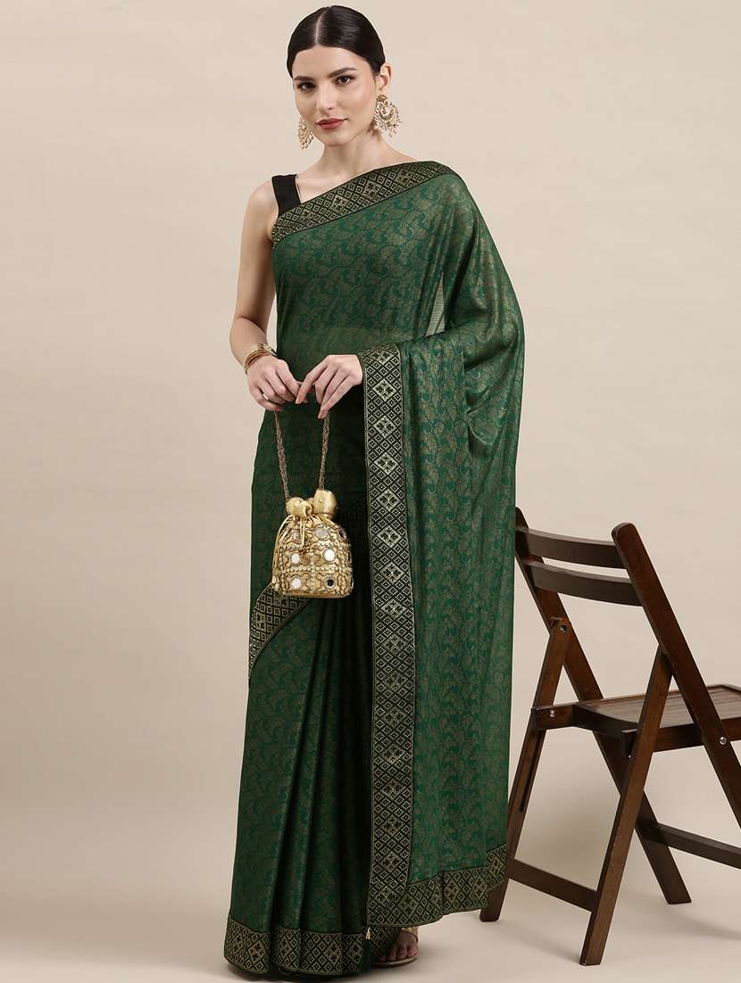 women's printed dark green colored saree