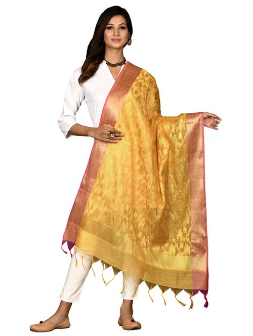 yellow floral print banarasi dupatta - 18421147 - Standard Image - 0