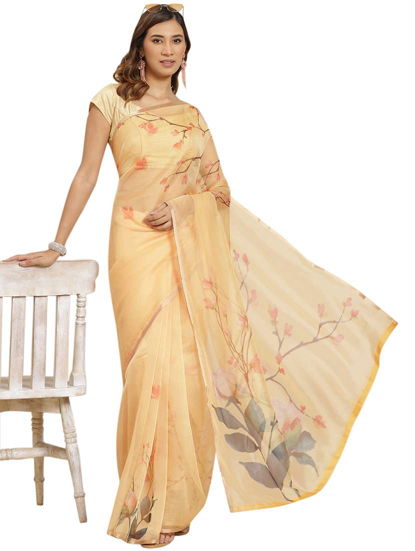 yellow organza printed saree with blouse