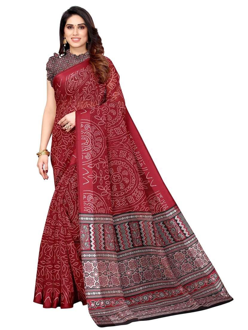 red cotton blend printed saree with blouse