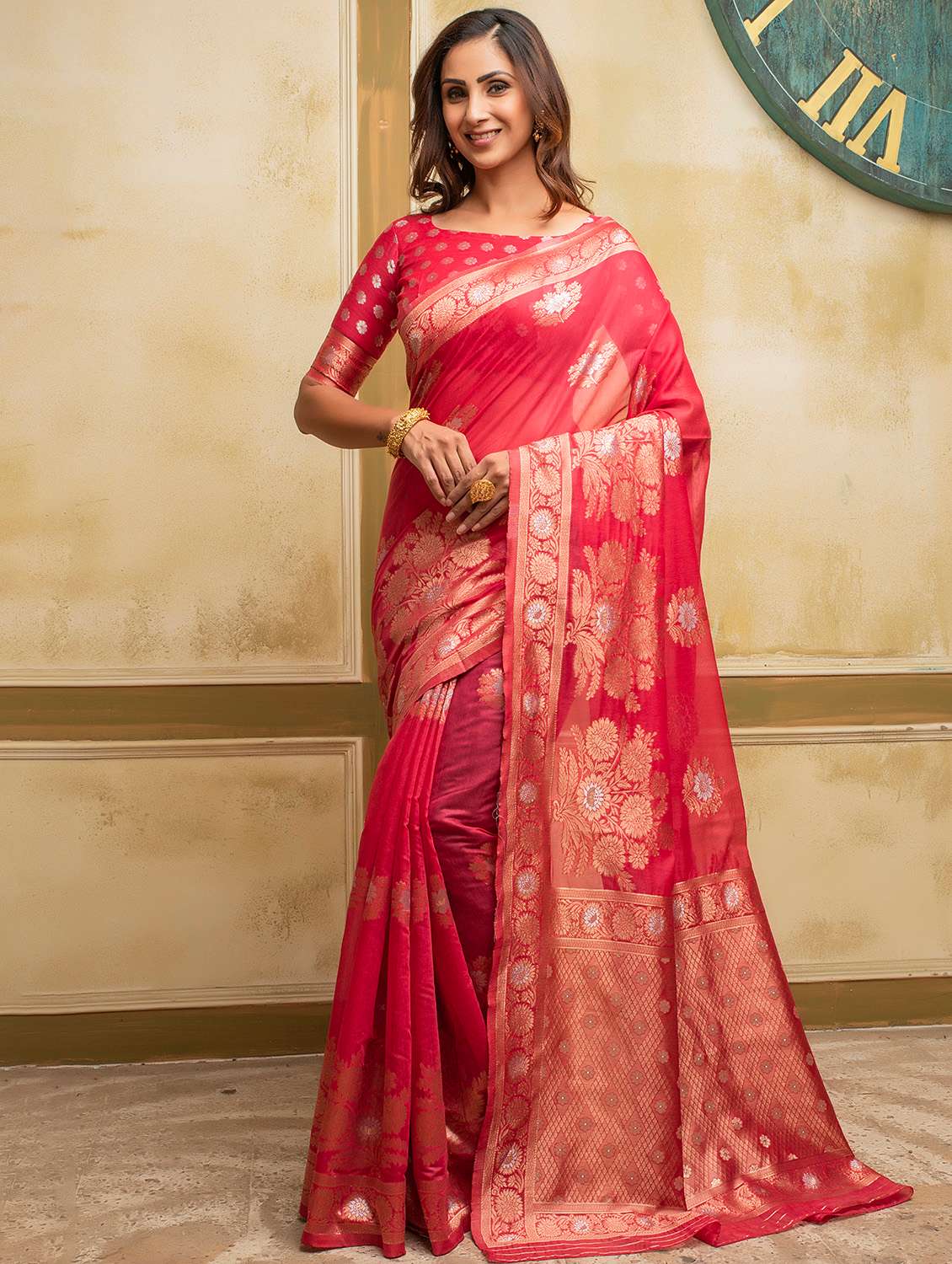 pink cotton blend woven saree with blouse