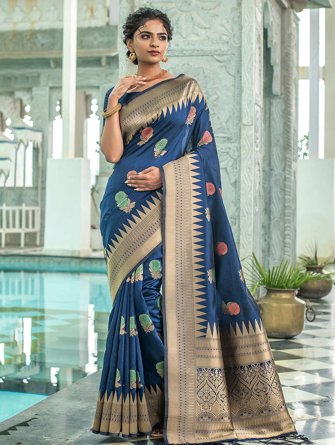 blue silk blend banarasi saree with blouse