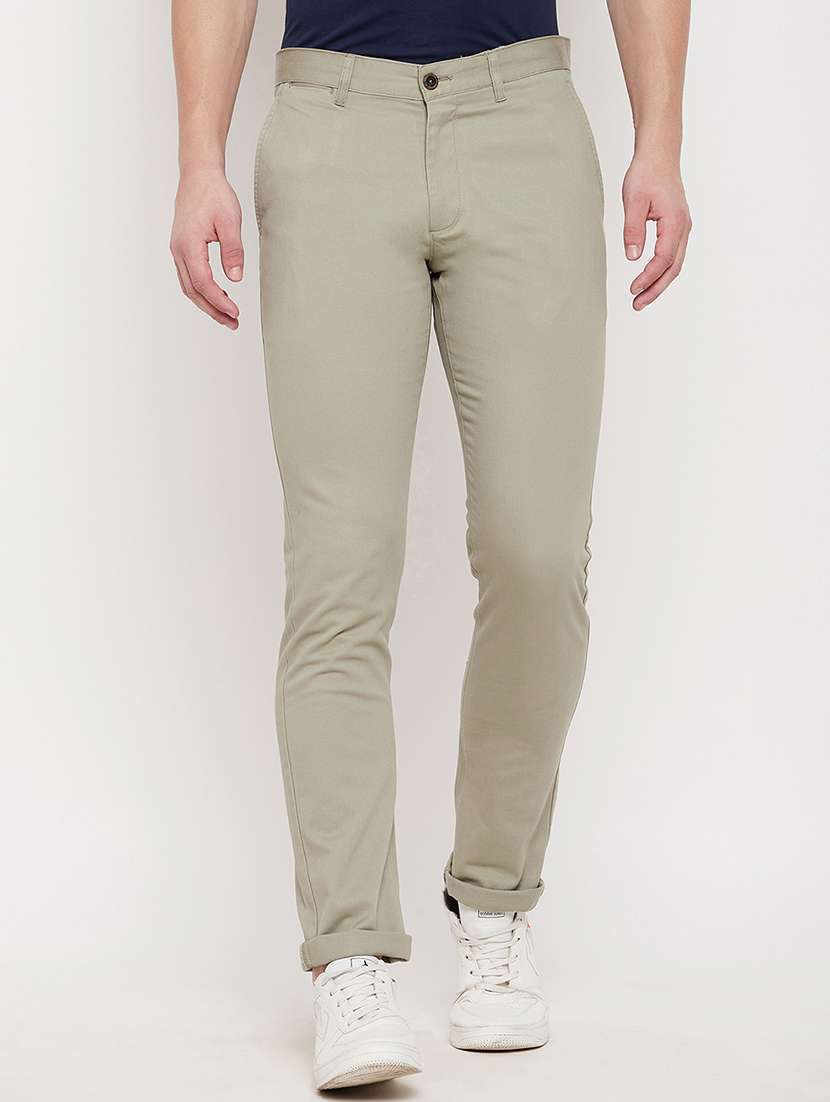 olive-green solid flat front casual trouser