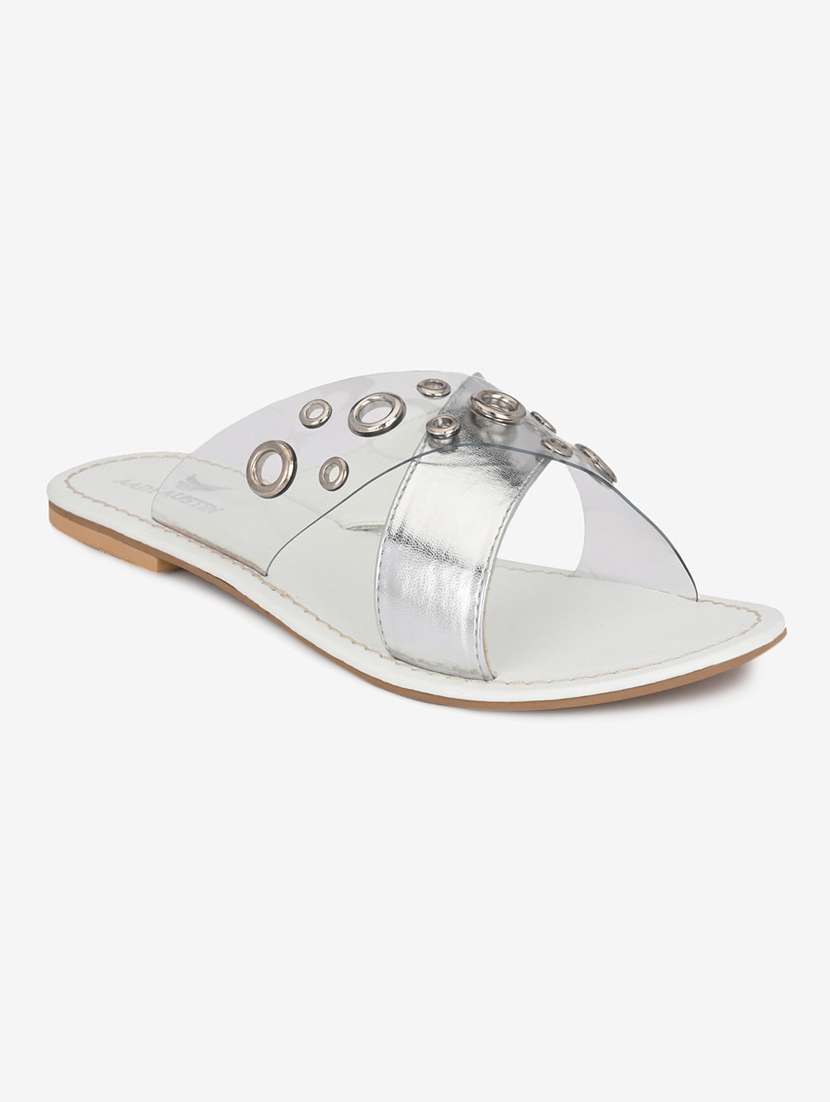 white faux leather flat forms sandals