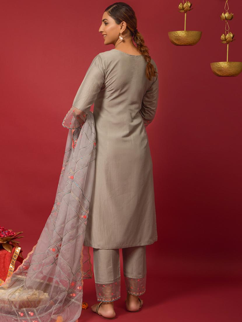 grey art silk kurta pant set - 18423883 - Standard Image - 2