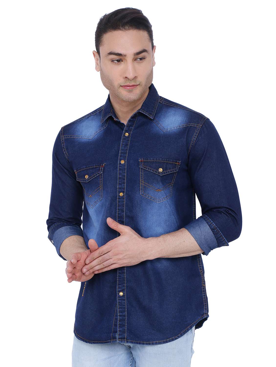navy-blue denim casual shirt