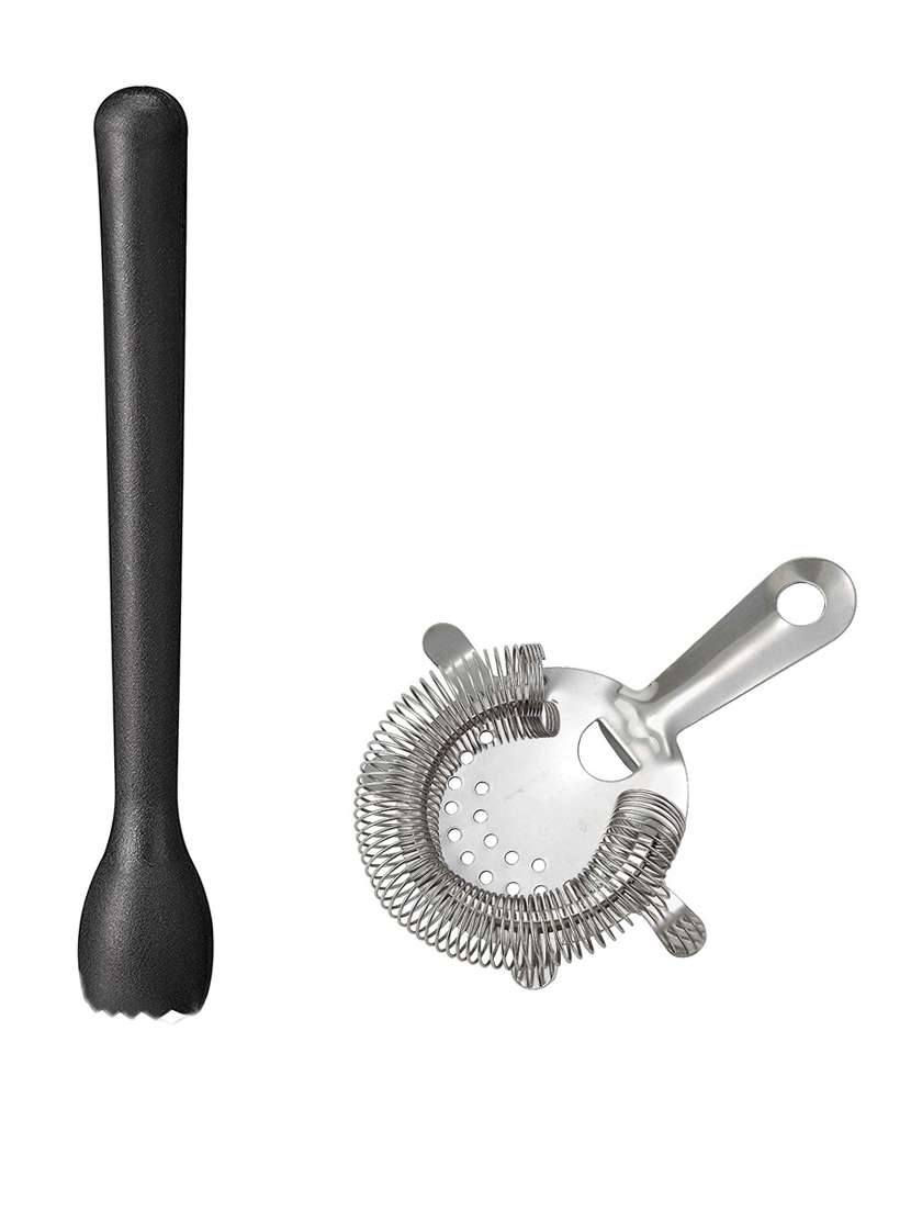 dynore stainless steel cocktail strainer with black pvc muddler 2 - piece bar set (steel)