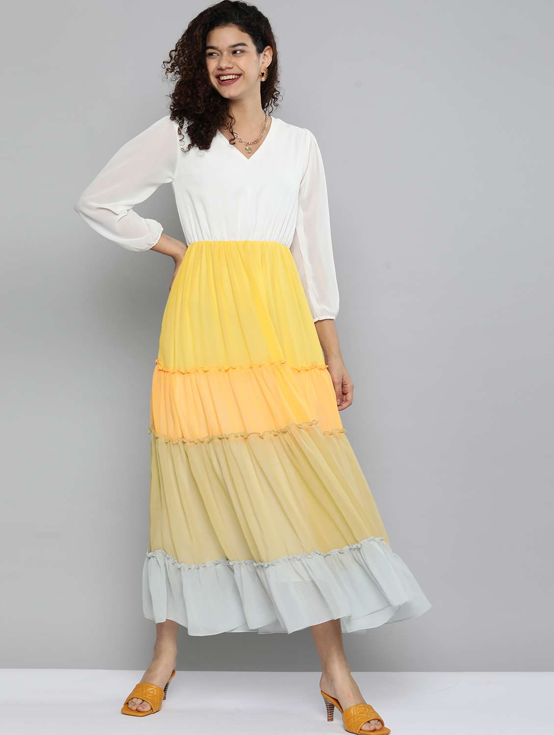 v-neck color block tiered dress