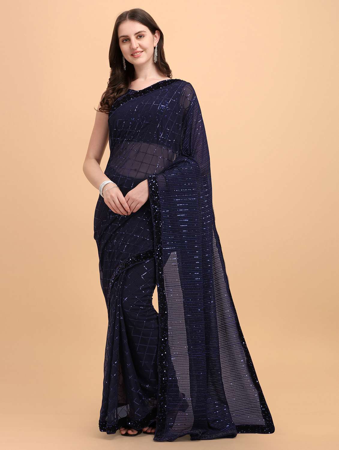 navy blue embroidered saree  with blouse