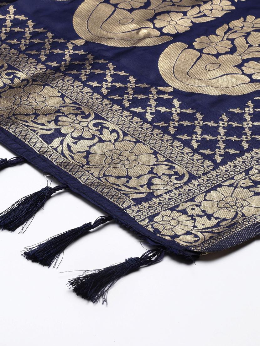 navy blue self design banarasi dupatta with fringes - 18430501 - Standard Image - 2
