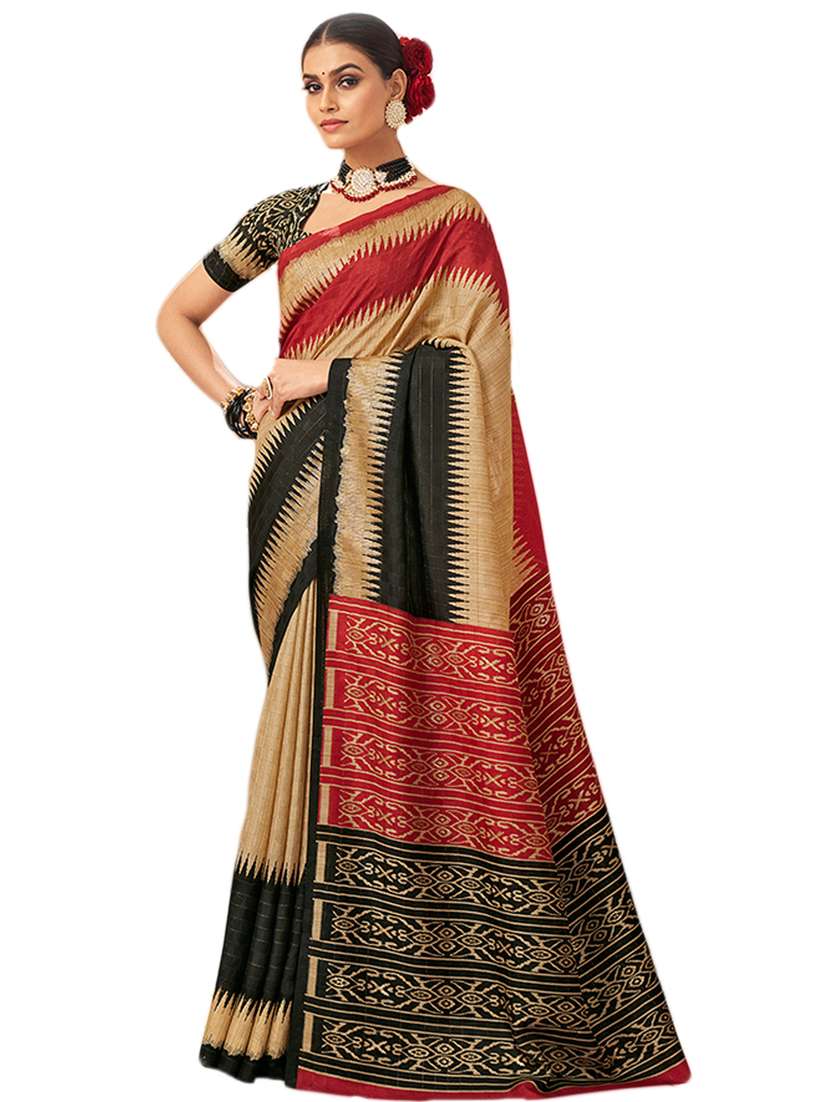 beige cotton silk printed saree with blouse