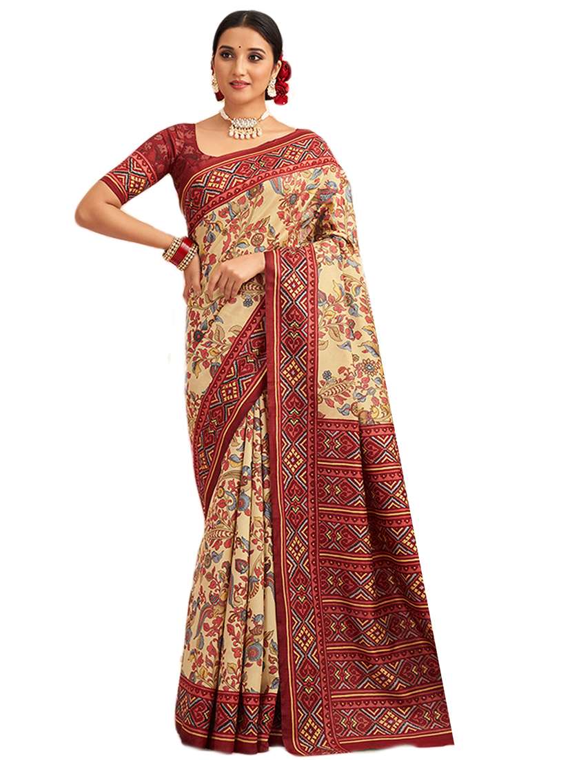 beige cotton silk printed saree with blouse