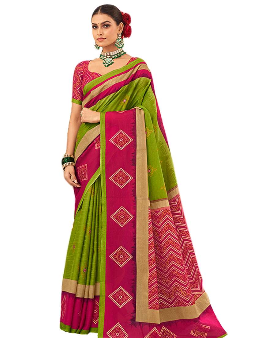green cotton silk printed saree with blouse