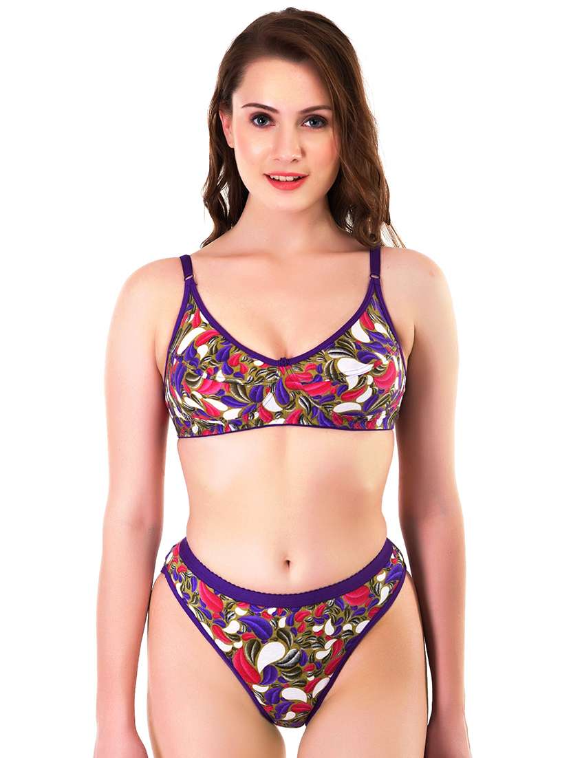 purple printed bra & panty set 