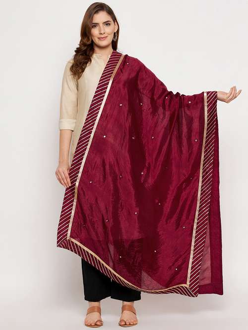 maroon self designed gota work dupatta - 18431150 - Standard Image - 0