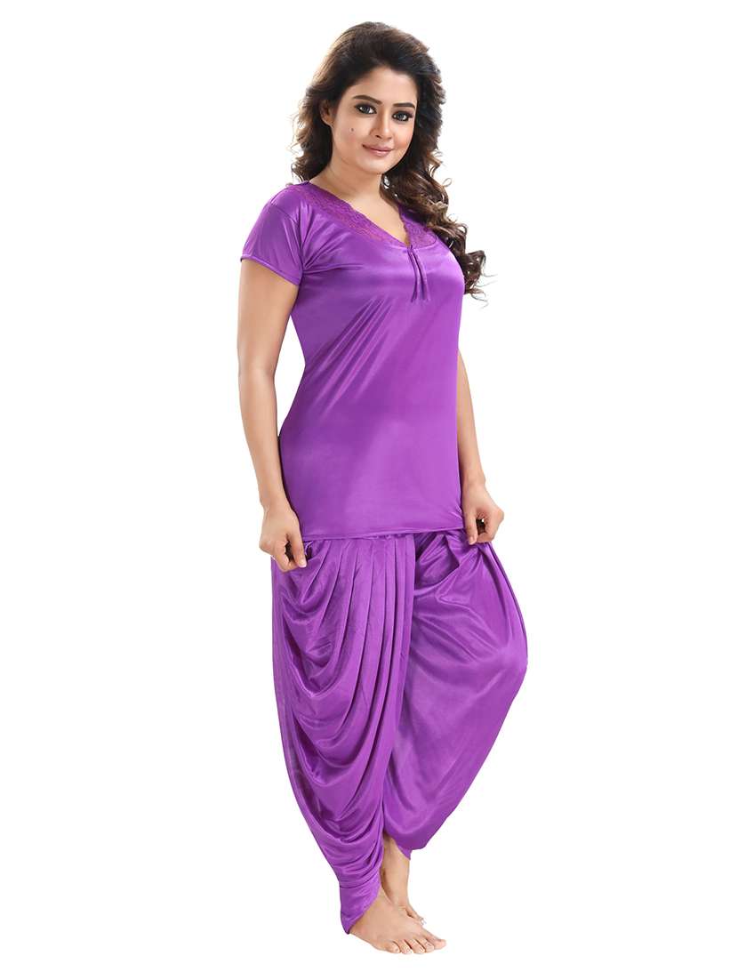 be you solid purple satin 6 piece nightwear set (1 robe, 1 nighty, 1 top, 1 patiyala, 1 lingerie set) for women - 18431357 -  Standard Image - 2