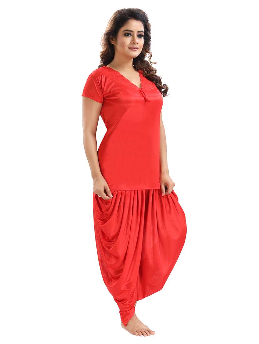 be you solid red satin 6 piece nightwear set (1 robe, 1 nighty, 1 top, 1 patiyala, 1 lingerie set) for women - 18431359 -  Standard Image - 2