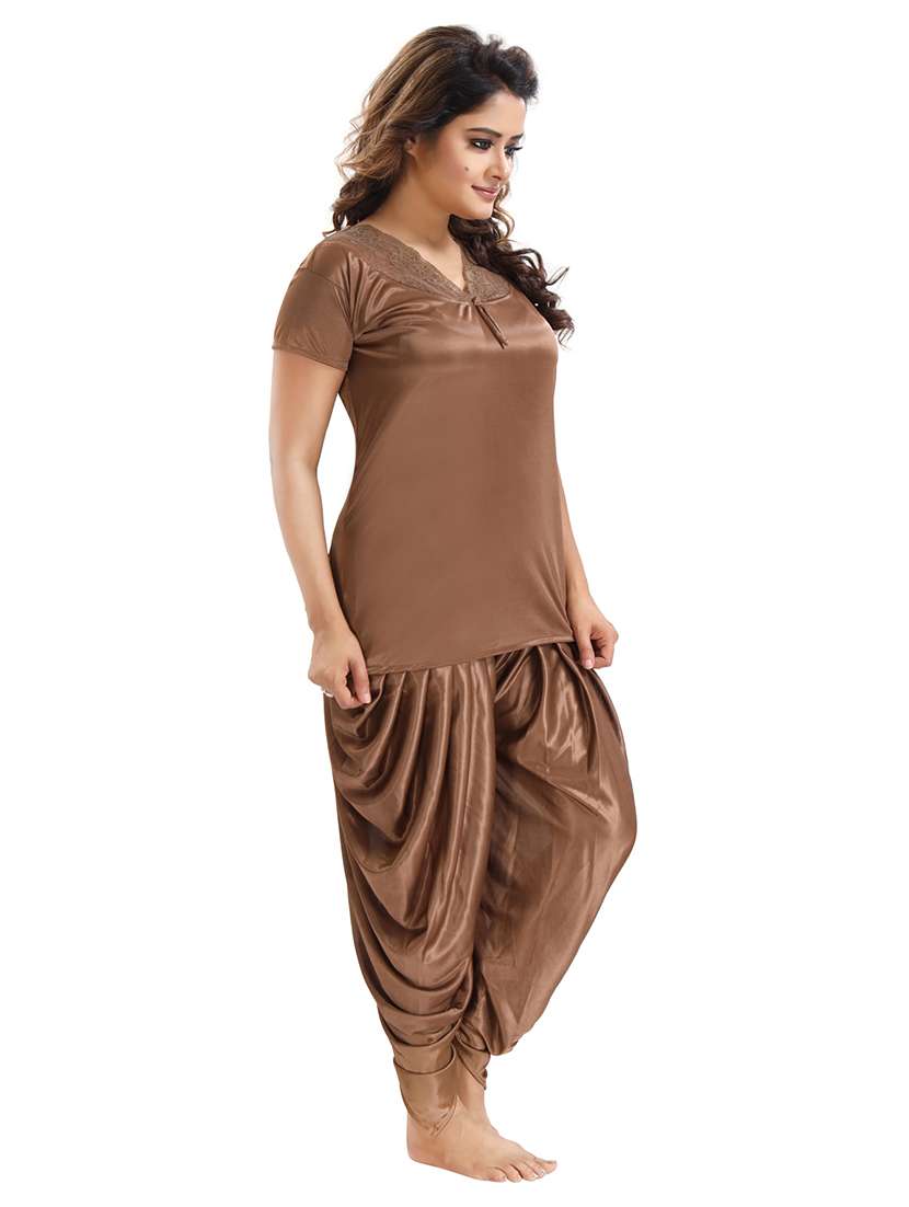 be you solid brown satin 6 piece nightwear set (1 robe, 1 nighty, 1 top, 1 patiyala, 1 lingerie set) for women - 18431362 -  Standard Image - 2