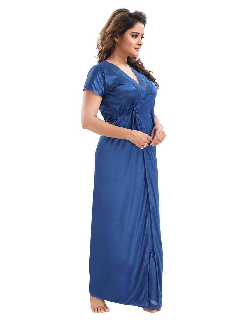 be you solid blue satin 6 piece nightwear set (1 robe, 1 nighty, 1 top, 1 patiyala, 1 lingerie set) for women - 18431363 -  Standard Image - 2