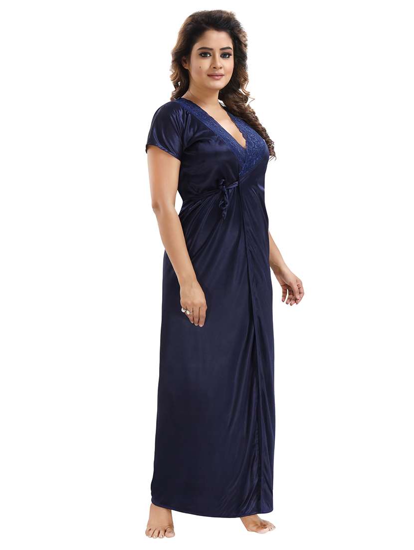 be you solid navy blue satin 6 piece nightwear set (1 robe, 1 nighty, 1 top, 1 patiyala, 1 lingerie set) for women - 18431364 -  Standard Image - 2
