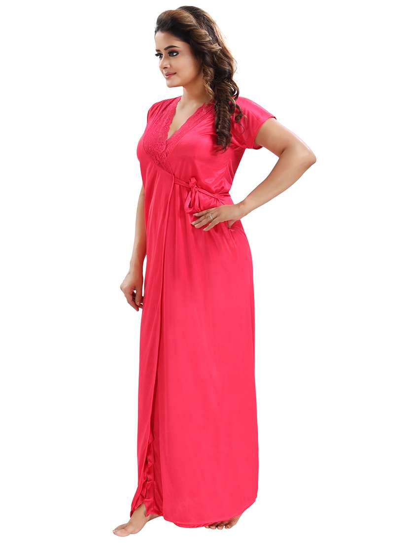 be you solid hot pink satin 6 piece nightwear set (1 robe, 1 nighty, 1 top, 1 patiyala, 1 lingerie set) for women - 18431365 - Standard Image - 2