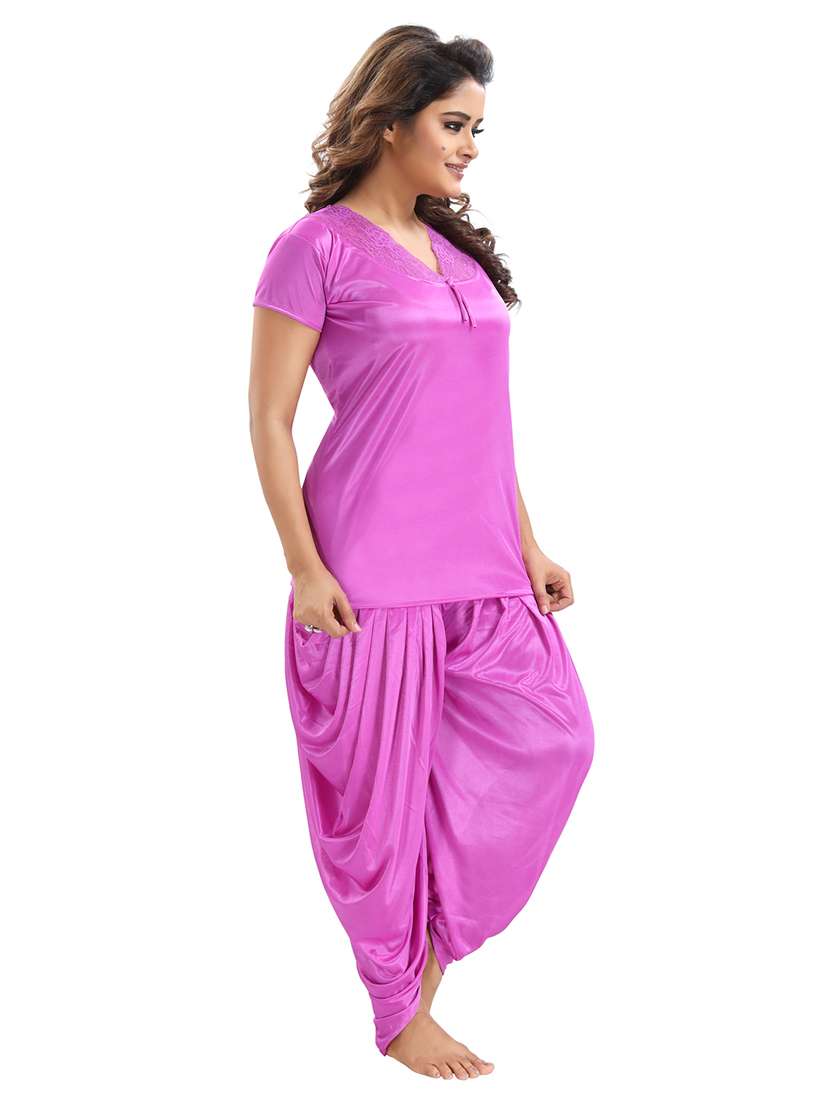 be you solid lavender satin 6 piece nightwear set (1 robe, 1 nighty, 1 top, 1 patiyala, 1 lingerie set) for women - 18431367 - Standard Image - 2