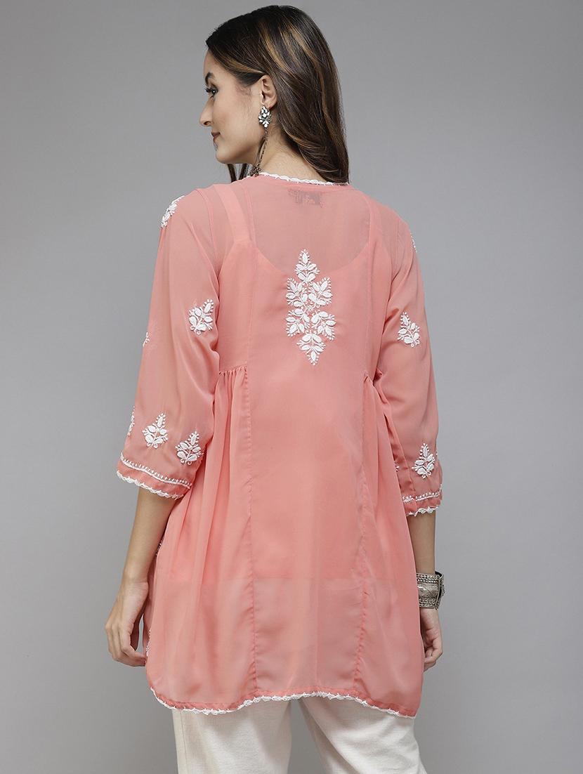 ada hand embroidered peach georgette lucknow chikankari kurti with slip - 18431617 - Standard Image - 2