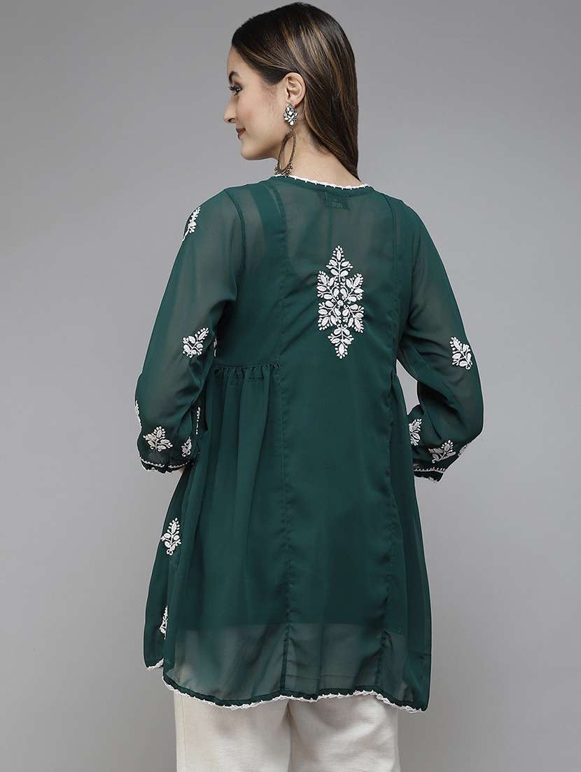 ada hand embroidered dark green georgette lucknowi chikankari kurti with slip - 18431619 - Standard Image - 2