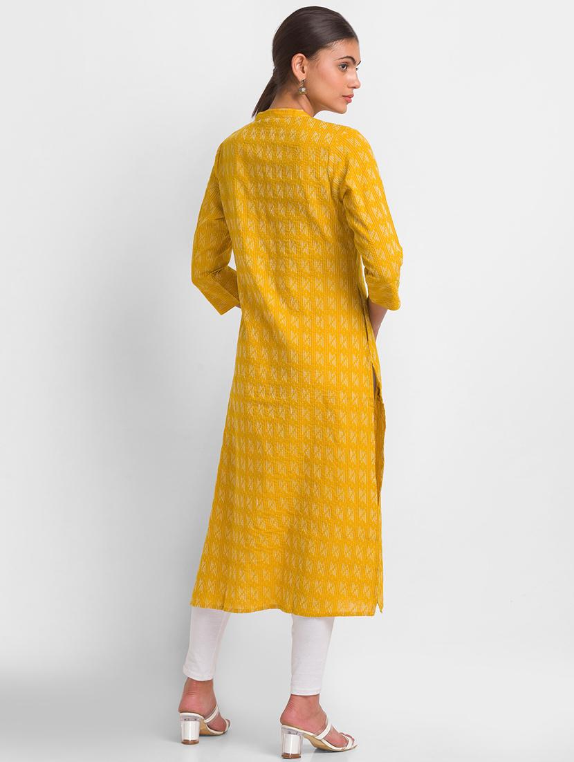 globus women yellow geometric thread work straight calf length kurta - 18431898 - Standard Image - 2