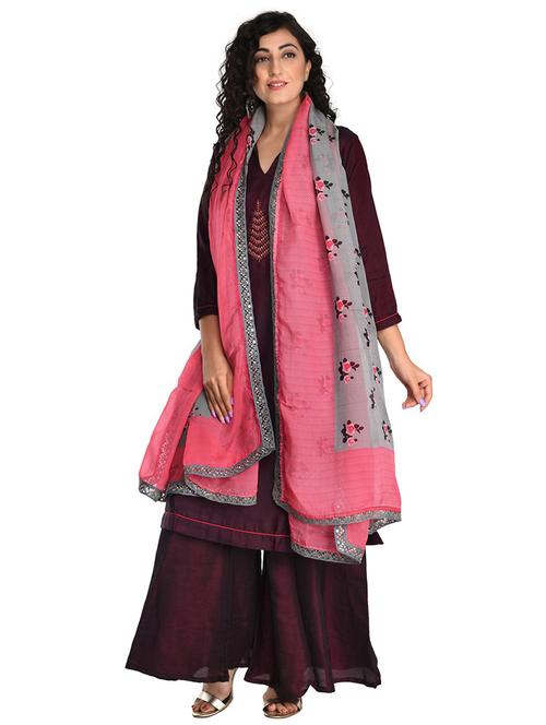grey & pink floral print lace detailed dupatta - 18436220 -  Standard Image - 0