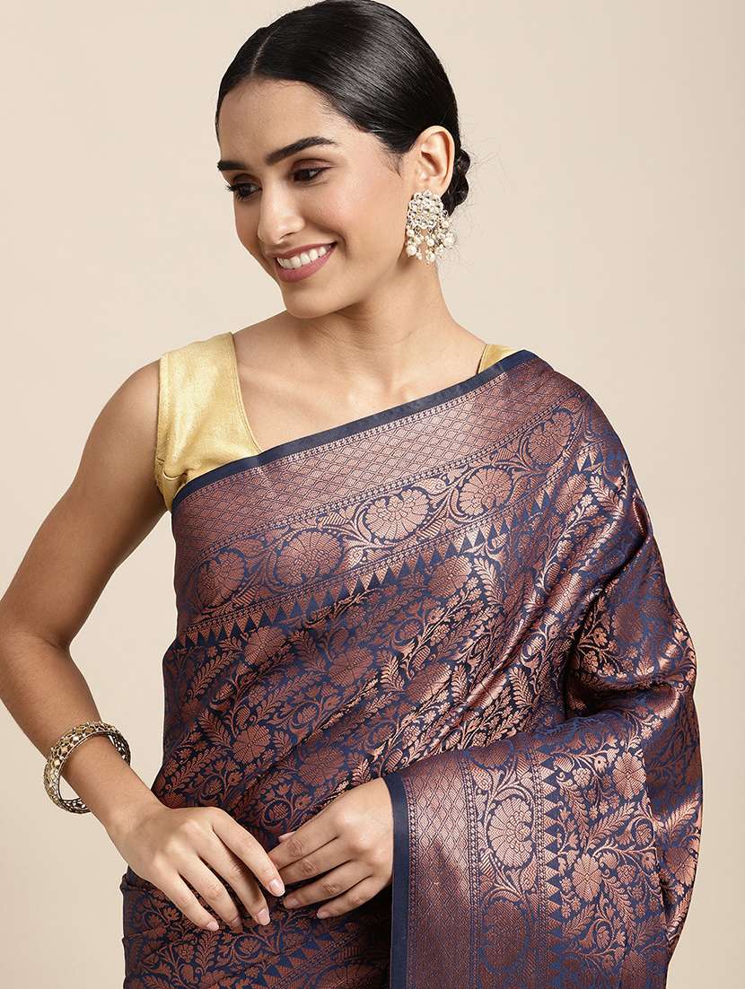 navy blue zari work woven saree with blouse - 18436710 - Standard Image - 2