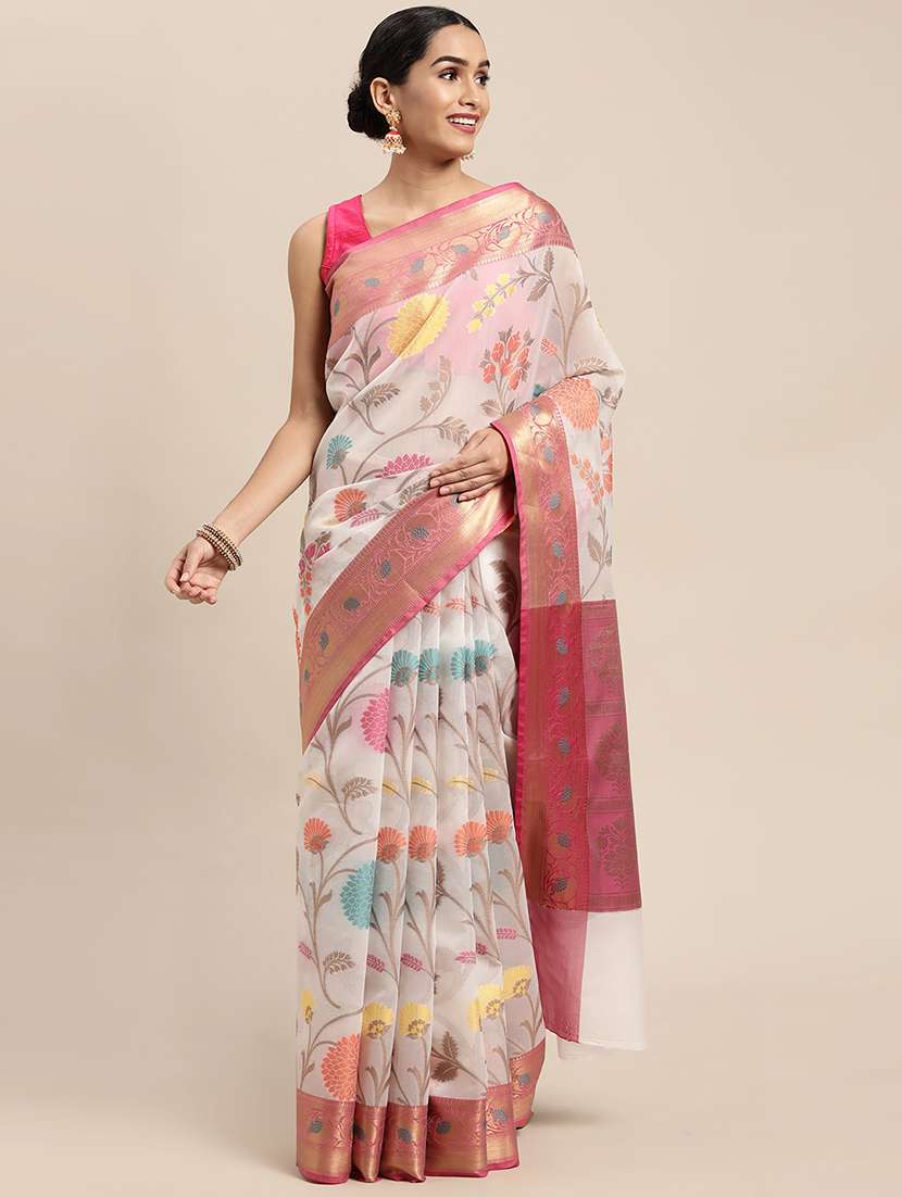 golden zari work woven saree with blouse