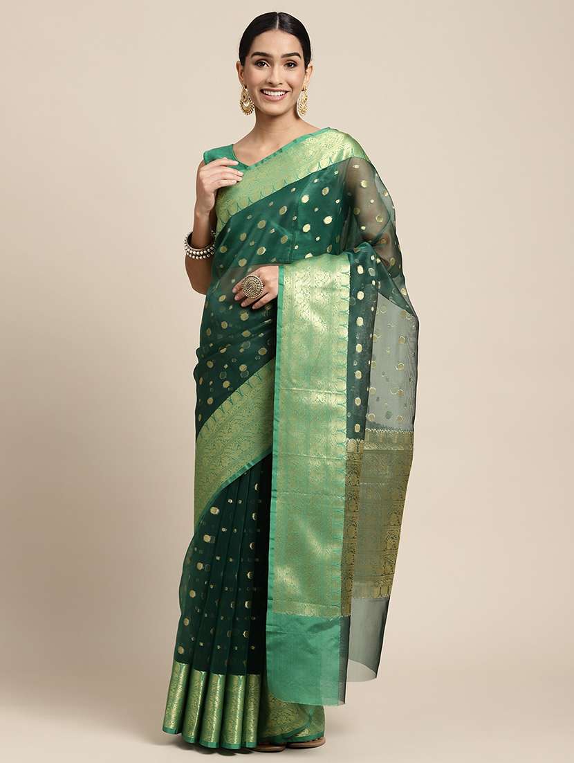 golden zari work woven saree with blouse