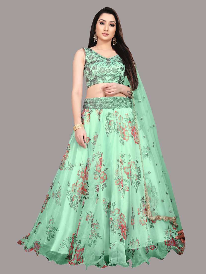 floral green flared lehenga