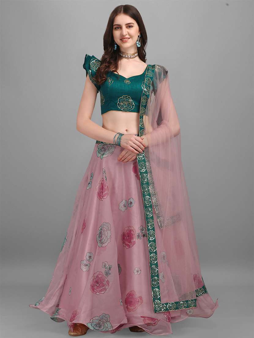 pink floral flared lehenga